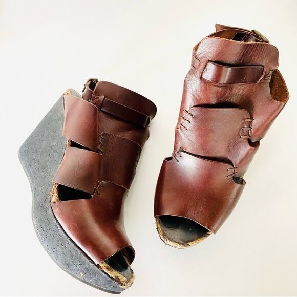 FP FREE PEOPLE Burgundy Brown Leather Vachetta Rose Wedge Sandals Tan Rope 8.5 - Picture 1 of 16